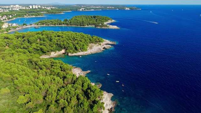 Wide cinematic drone footage overlooking the pine-covered coastline, rocky coves, and vivid blue Adriatic Sea around Galebove stijene on the Stoja Peninsula in Pula, Croatia