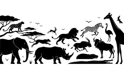 Fototapeta premium Animals Silhouette Vector Illustration with Intricate Dense Patterns and Diverse Creatures in Black Against White Background