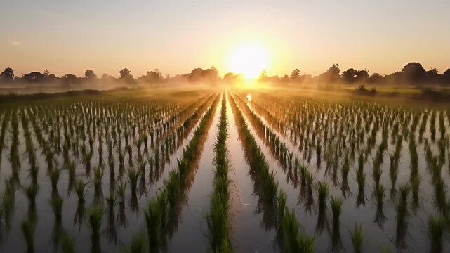 Sunrise Over Serene Paddy Field with Young Rice Plants - Golden sunrise light bathes a serene paddy field, illuminating young rice plants meticulously arranged in perfect rows.