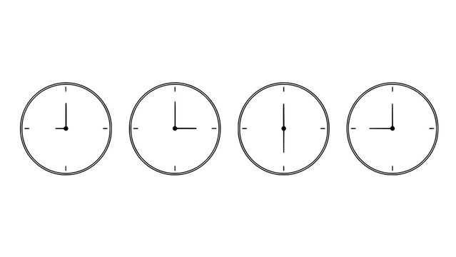 Clock Face Icon Set with Four Analog Dials in a Row Showing Different Times in Simple Line Art Featuring Time, Dial, Moment