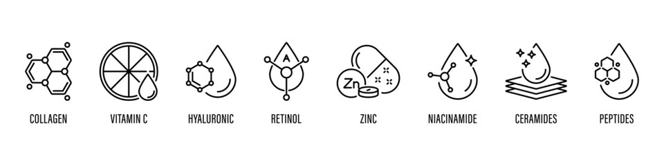 Vector line icon set of active skincare ingredient for cosmetic packaging design on white background, retinol, collagen, vitamin c © travis