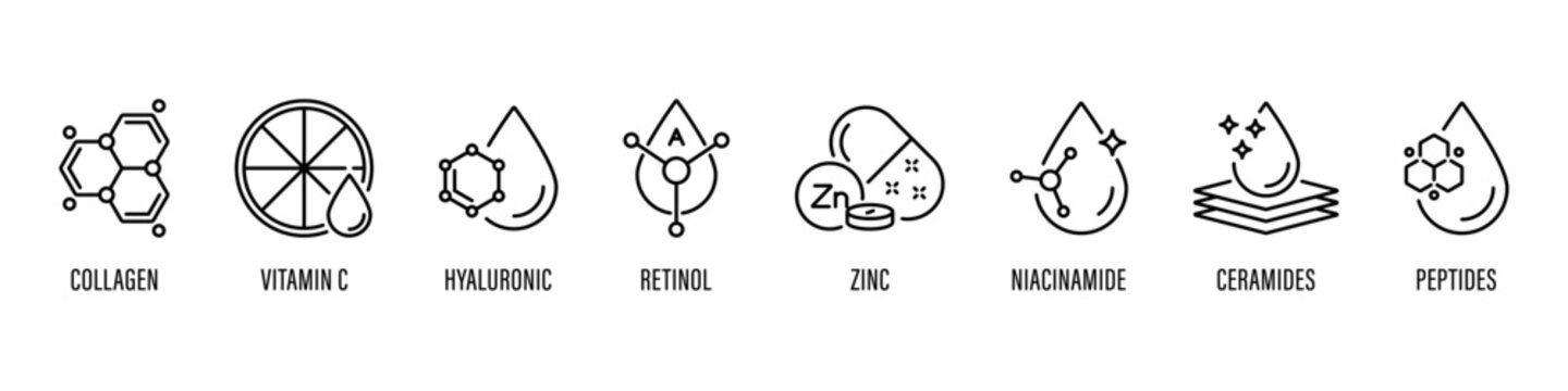 Vector line icon set of active skincare ingredient for cosmetic packaging design on white background, retinol, collagen, vitamin c