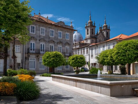 A picturesque European town square featuring traditional stone architecture, a central stone fountain with a small water jet, lush green trees, and vibrant orange flowers under a clear blue sky.