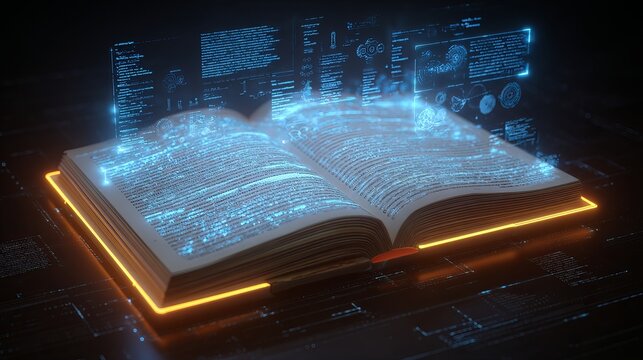Glowing open book with digital code overlay, representing knowledge, data, and the future of information technology and learning