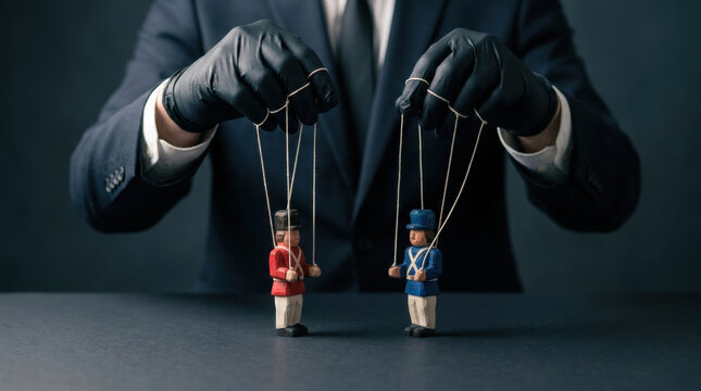 Man in suit with black gloves controlling two wooden soldier puppets with strings, symbolizing control and manipulation in business or conflict