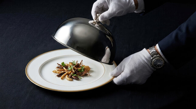 Gourmet edible insect dish served on white plate with gold rim by waiter wearing white gloves and dark suit, elegant presentation