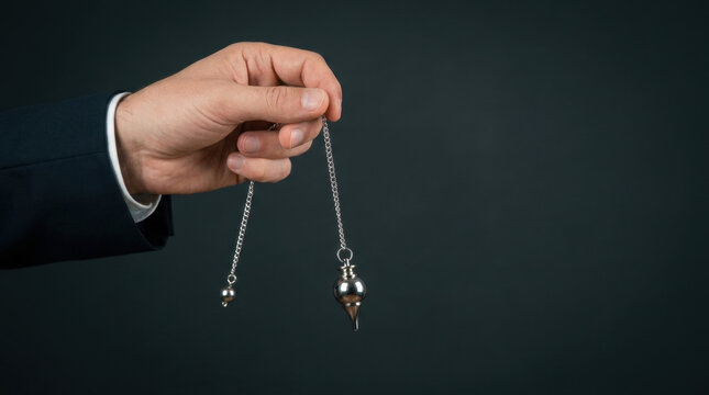 Hypnotic pendulum swinging in hand of businessman with dark background, symbolizing focus and mental control in business setting