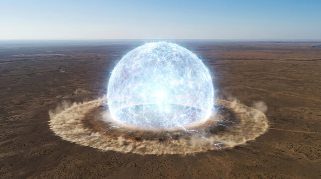 Intense electromagnetic pulse explosion creates glowing plasma sphere with electric arcs and dust spreading across barren desert landscape