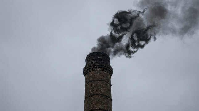 Factory chimney releasing black smoke shaped like skulls, symbolizing pollution and environmental danger in gloomy sky