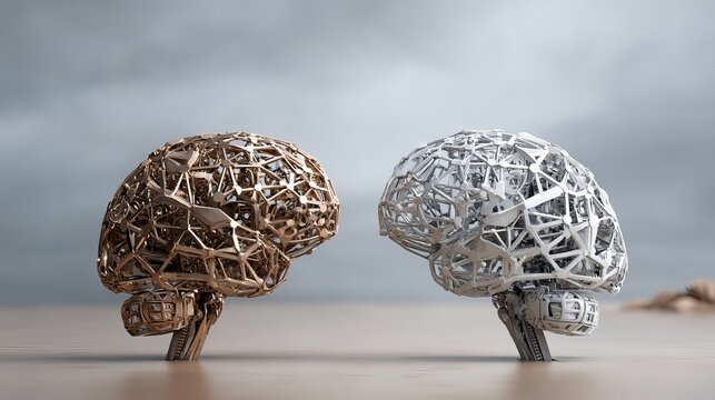 Golden and silver human brains, representing creativity and logic, innovation, and the complex workings of the human mind