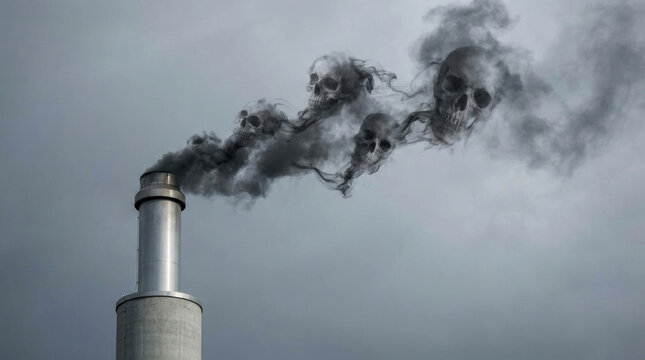 Black smoke from factory chimney forms skull shapes, symbolizing pollution deadly impact on environment and health in gloomy sky