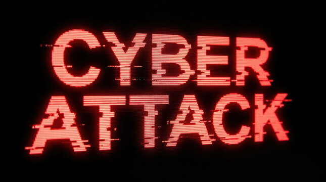 Cyber attack text with glitch effect in red light on black background, conveying digital threat and security breach concept