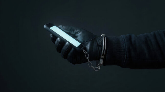 Hand holding phone with handcuffs in dark glove and sleeve, symbolizing digital crime or restricted communication