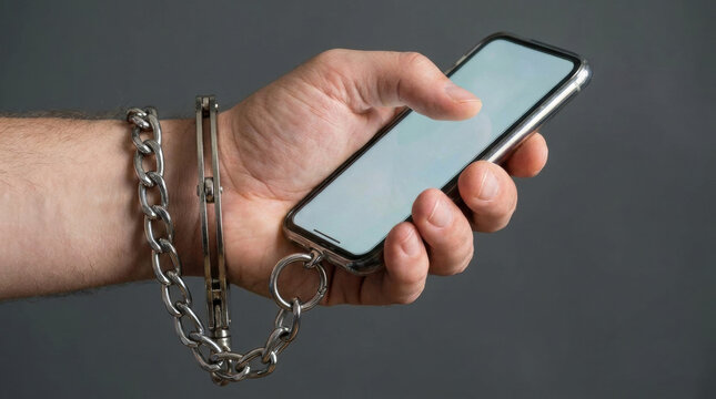 Hand holding phone with handcuffs, concept of digital addiction and technology dependence, isolated on gray background