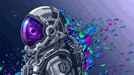 Astronaut Profile Portrait with Reflective Visor Showing Deep Space Galaxy, Geometric Shards Dissolving into Particles, Modern Sci-Fi Vector Illustration with Purple and Cyan Neon Color Palette © Nasywastudio