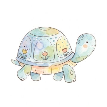 Cute watercolor turtle illustration with floral shell pattern