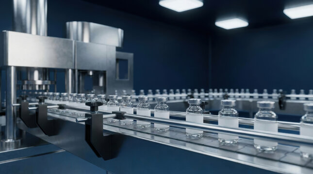 Vaccine production line with glass vials filled with liquid moving on conveyor in sterile factory environment
