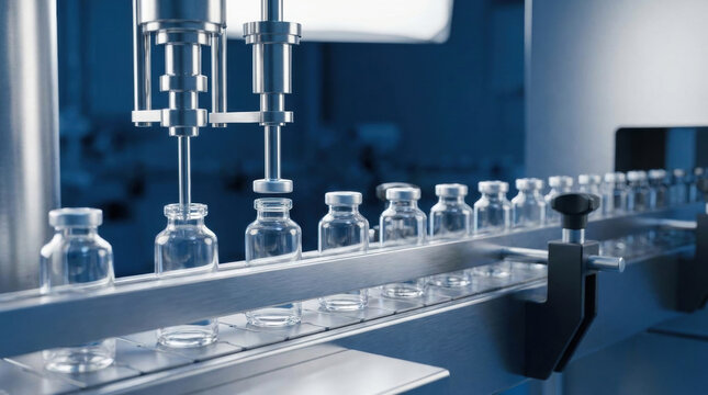 Vaccine production line with glass vials being filled in sterile pharmaceutical manufacturing environment