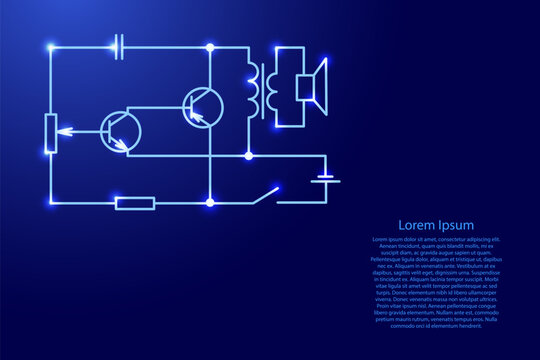 basic electrical diagram from radio components from blue lines and glowing stars