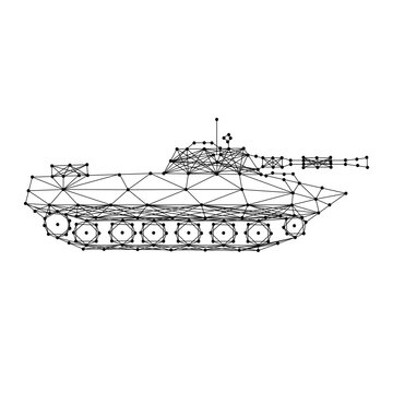 combat tracked tank from abstract futuristic polygonal black lines and dots