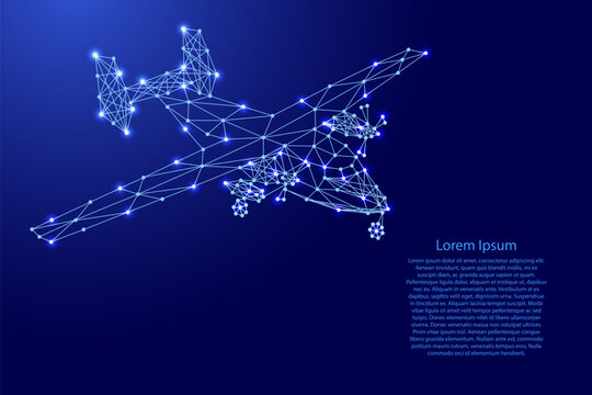 light-engine aircraft from futuristic polygonal blue lines and glowing stars for banner, poster, greeting card