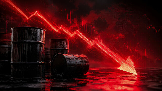 Oil Price Plunge: Striking Red Arrow Descends Towards Crude Barrels, Symbolizing Catastrophic Market Crash and Financial Instability
