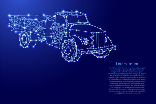 old flatbed truck from futuristic polygonal blue lines and glowing stars for banner, poster, greeting card