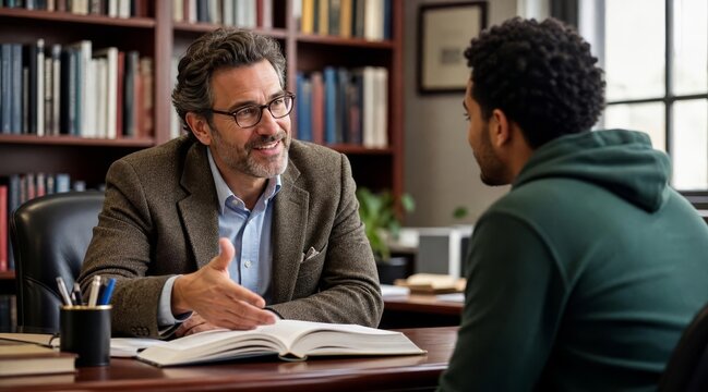 Professor and student in university office