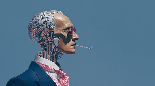 A striking portrait of a futuristic cyborg man, blending human features with intricate robotic circuitry and a contemplative gaze
