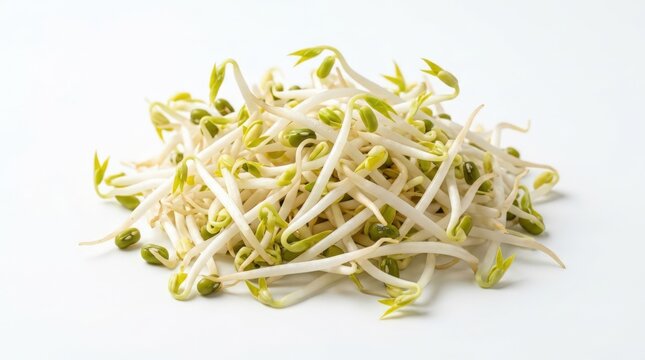 Freshly sprouted mung beans piled in a heap on a clean white background, ready for healthy cooking