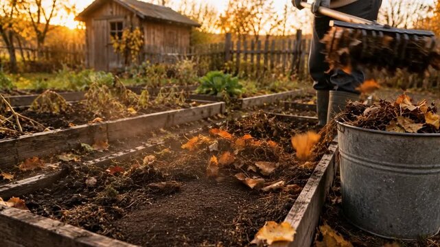 Gardener raking leaves in autumn garden during sunset