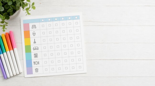 Weekly cleaning chart flat lay with markers