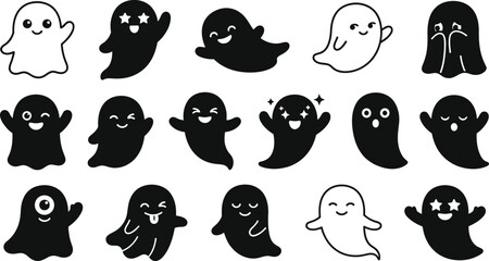 Fototapeta premium Happy Halloween Set of cute black and white ghost characters Vector