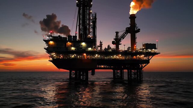 Offshore Oil Rig at Dramatic Sunset - A silhouette of an offshore drilling rig stands against a vibrant orange and purple sunset sky, with smoke billowing from its flare stack.