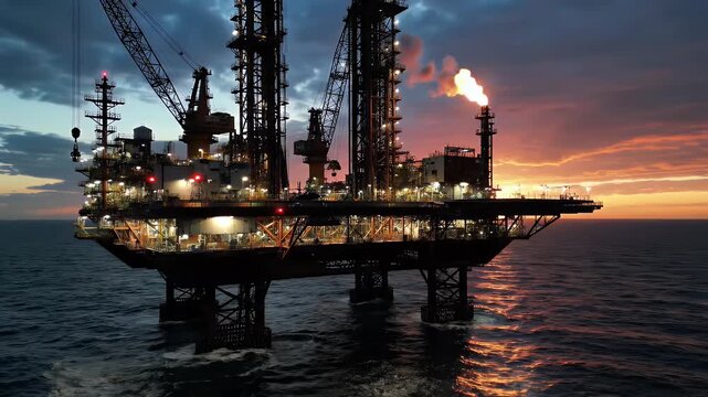Offshore Oil Rig at Dusk with Fiery Sunset - An offshore oil drilling rig operates in the marine environment at dusk, silhouetted against a vibrant orange and pink horizon.