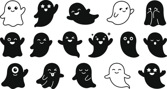 Happy Halloween Set of cute black and white ghost characters Vector