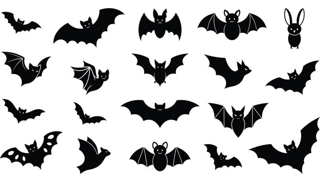 Happy Halloween Black bat silhouettes flying on white background Vector
