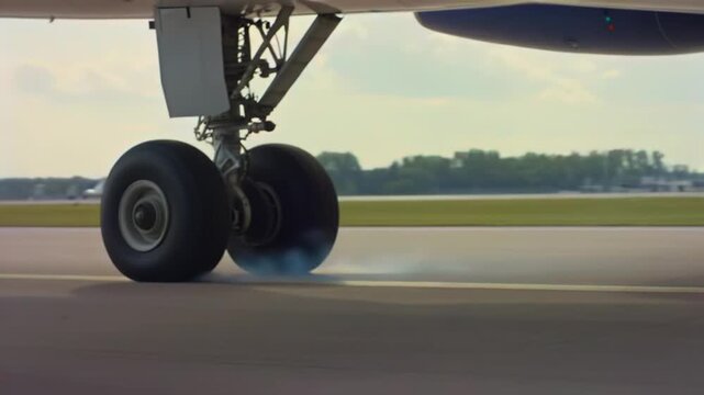 Aircraft landing gear rolls along runway during touchdown, aviation travel, airport arrival, tire friction, flight operations, passenger transport, airline safety, and runway traffic control.