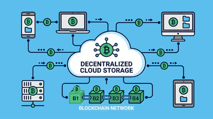 Flat Vector Illustration of Decentralized Cloud Storage Network with Bitcoin Symbols, Connecting Devices and Blockchain Blocks, Digital Data Flow Concept © Siska