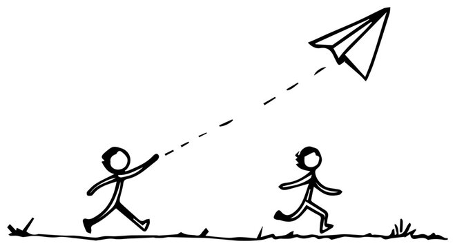 Two stick figures running with paper airplane with grass one throwing black line minimalist recreation childhood activity cartoon outdoor with leisure
