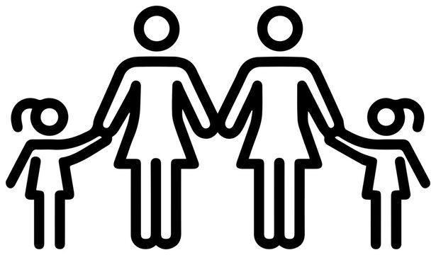 Minimalist black line icon of a same sex family with two children with family unit consisting children holding hands depicts simple black two adults two