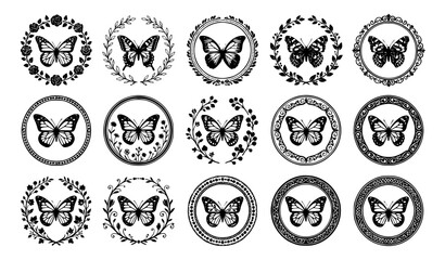 Round Frame Butterfly Silhouette Collection Decorative Vector Set © Romjan 