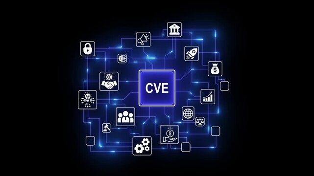 CVE Common Vulnerabilities and Exposures cyber security tracking network concept on black background.