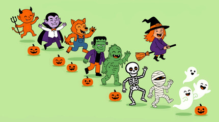 Naklejka premium Playful Halloween Characters Procession with Pumpkins, Flat Cartoon Style, Featuring Devil, Vampire, Werewolf, Frankenstein, Monster, Witch, Skeleton, Mummy, and Ghosts on Light Green Background