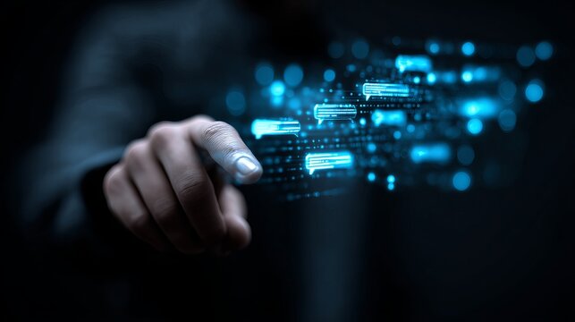 A close-up view of a hand interacting with a digital interface, showcasing futuristic technology and data manipulation in a dark setting