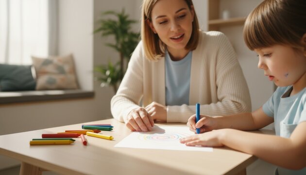 Woman mother and child girl drawing with wax crayon on paper at wooden table. Parent assisting daughter in creative activity. Home education and artistic development for early childhood.