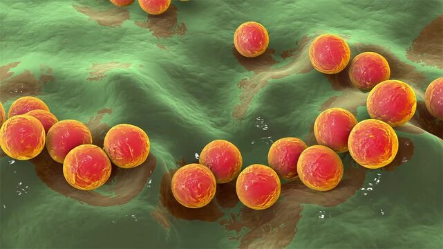 Streptococcus pyogenes bacterium, 3D animation showing spherical Gram-positive cocci arranged in chains, representing characteristic group A streptococcal morphology.