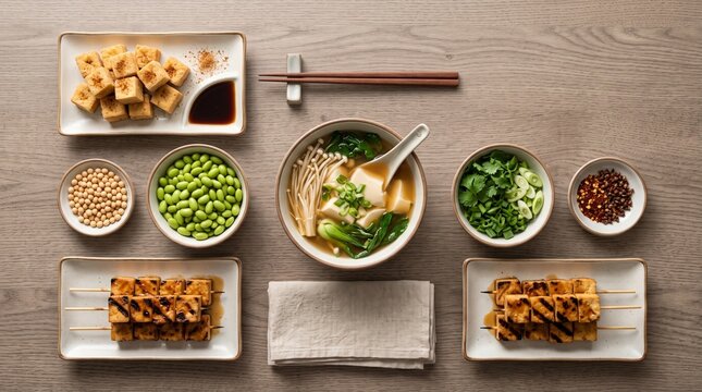 Top-view assortment of tofu dishes with fresh ingredients and copy space, suitable for restaurant branding, cookbooks, healthy eating campaigns, and culinary advertising.