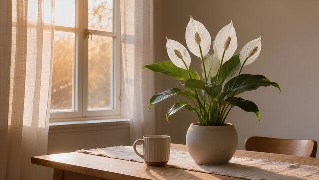 A peaceful morning at home, a blooming Spathiphyllum with large glossy deep emerald green lance-shaped leaves emerging
