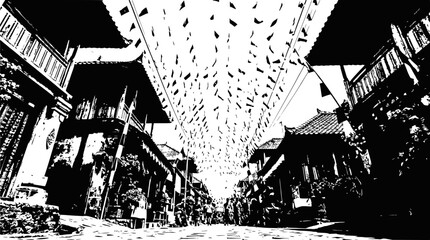 Obraz premium Black and White Street Scene with Hanging Flags and Traditional Buildings